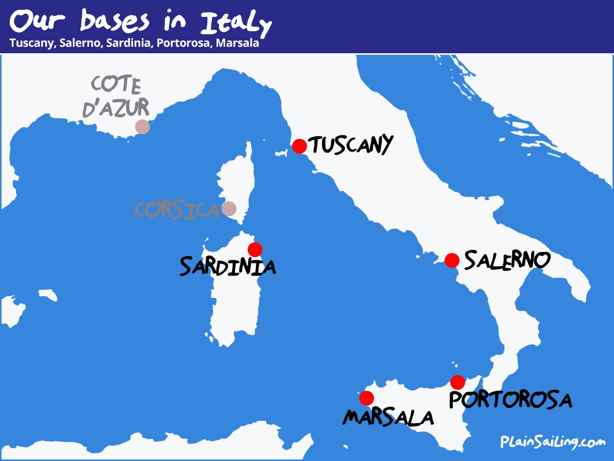 Our Yacht Charter base in Italy - Tuscany, Salerno, Portorosa, Marsala, Sardinia